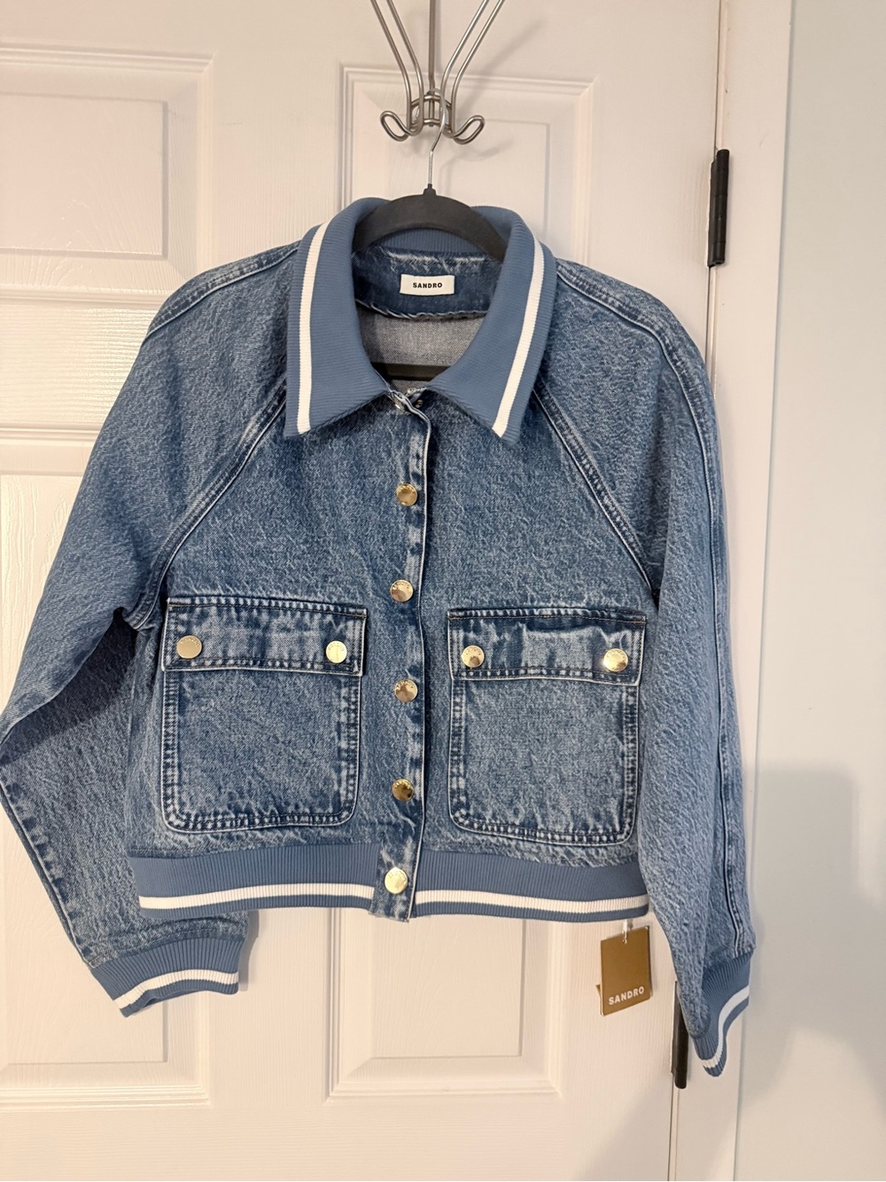 Sandro Light Blue Denim Bomber Jacket - Picture 2 of 4
